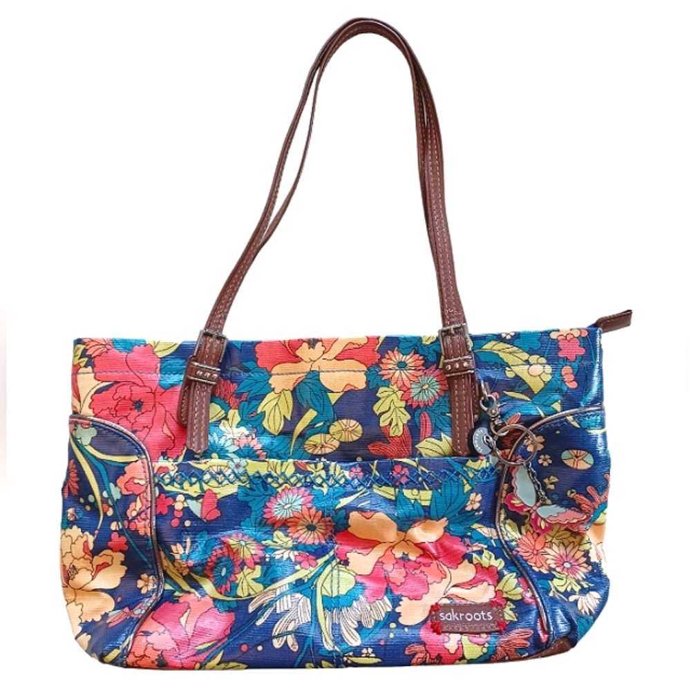 Sakroots Multi Color Vinyl Satchel Purse Peace Flowers Shoulder Bag